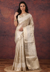 Golden Silver Colour Tissue Kantha Silk Saree With Blouse Piece - Adi Akshoy & Co.