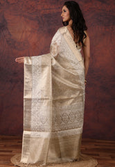 Golden Silver Colour Tissue Kantha Silk Saree With Blouse Piece - Adi Akshoy & Co.