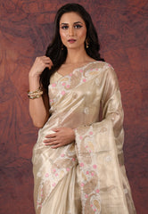 Golden Silver Colour Tissue Kantha Silk Saree With Blouse Piece - Adi Akshoy & Co.