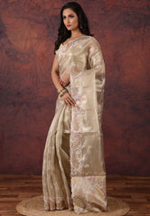 Golden Silver Colour Tissue Kantha Silk Saree With Blouse Piece - Adi Akshoy & Co.