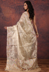 Golden Silver Colour Tissue Kantha Silk Saree With Blouse Piece - Adi Akshoy & Co.