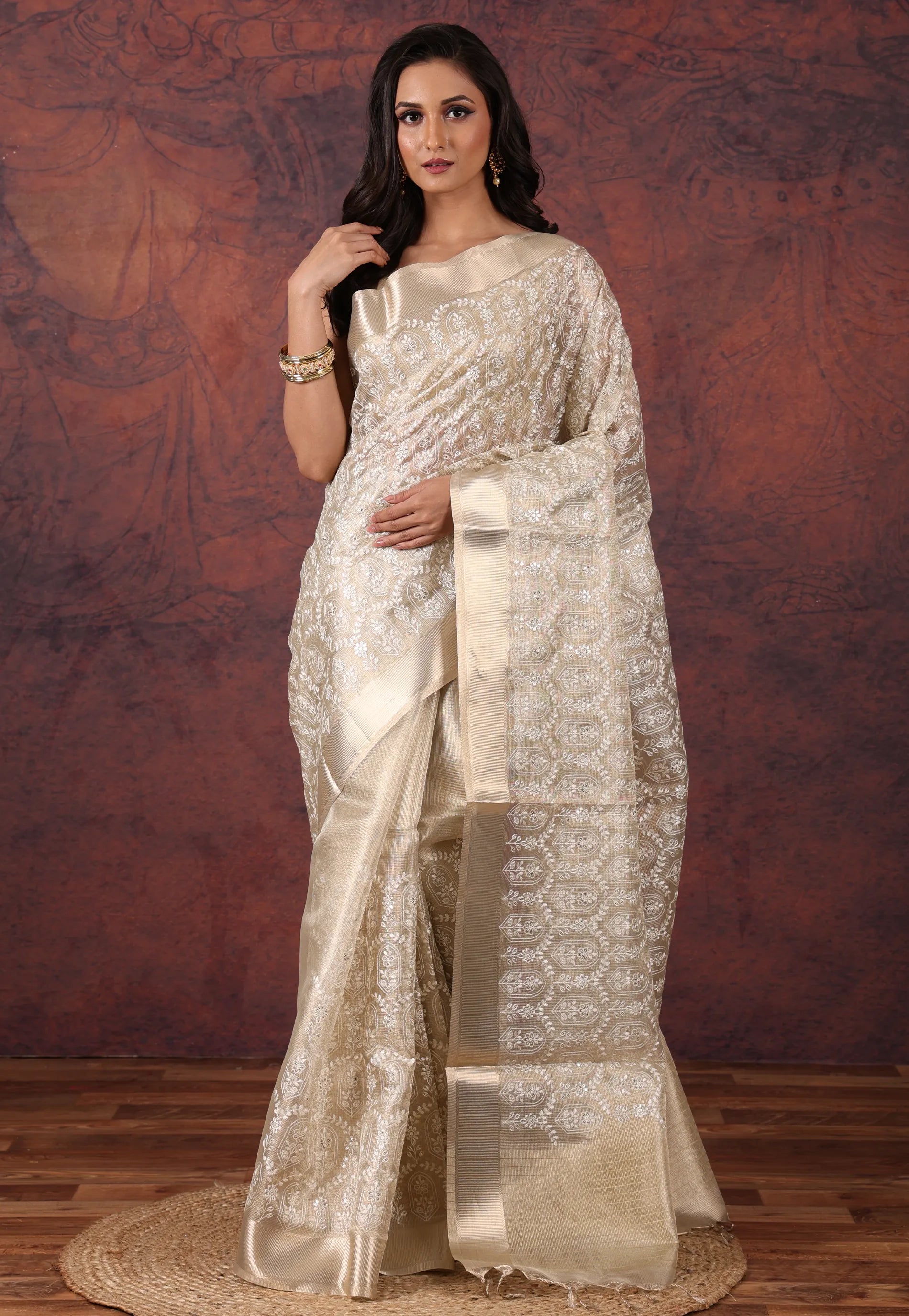 Golden Silver Colour Tissue Kantha Silk Saree With Blouse Piece  - Adi Akshoy & Co.