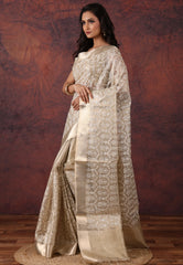 Golden Silver Colour Tissue Kantha Silk Saree With Blouse Piece  - Adi Akshoy & Co.