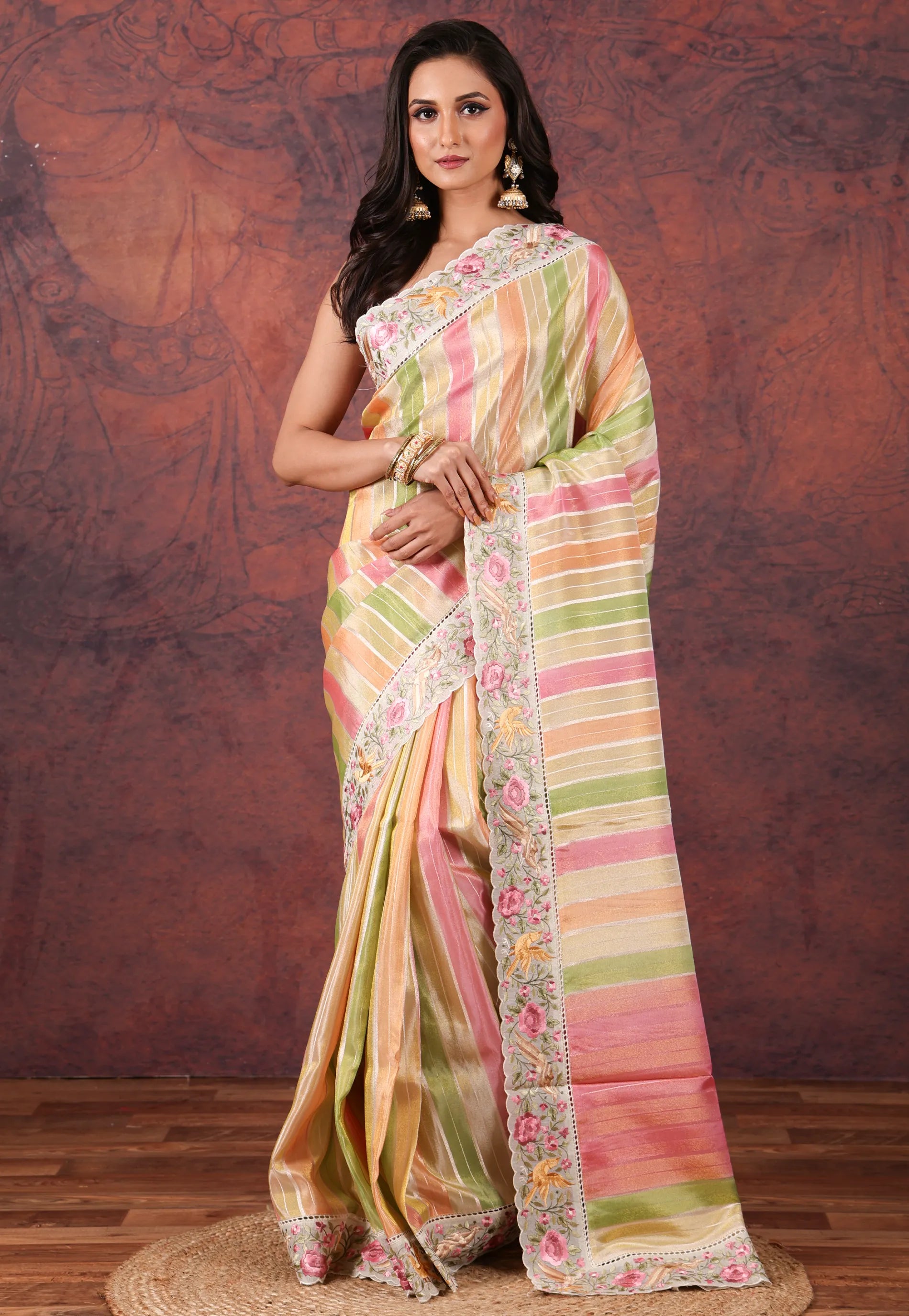 Multi Colour Tissue Kantha Silk Saree With Blouse Piece - Adi Akshoy & Co.