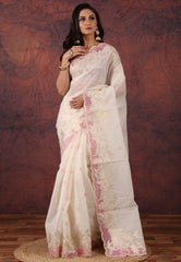 White Organza Kantha Silk Saree With Blouse Piece - Adi Akshoy & Co.