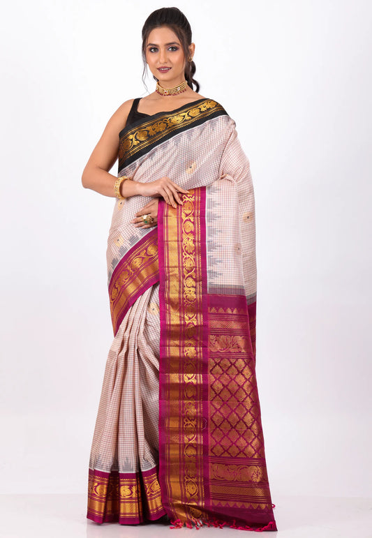 Light Pink checks with Magenta Golden Border Gadwal Pure Silk Saree With Blouse Piece - Adi Akshoy & Co.