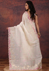 White Organza Kantha Silk Saree With Blouse Piece - Adi Akshoy & Co.