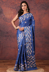 Blue Pure Tussar Kantha Silk Saree With Blouse Piece - Adi Akshoy & Co.