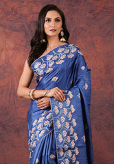 Blue Pure Tussar Kantha Silk Saree With Blouse Piece - Adi Akshoy & Co.