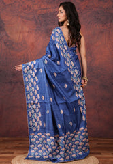 Blue Pure Tussar Kantha Silk Saree With Blouse Piece - Adi Akshoy & Co.