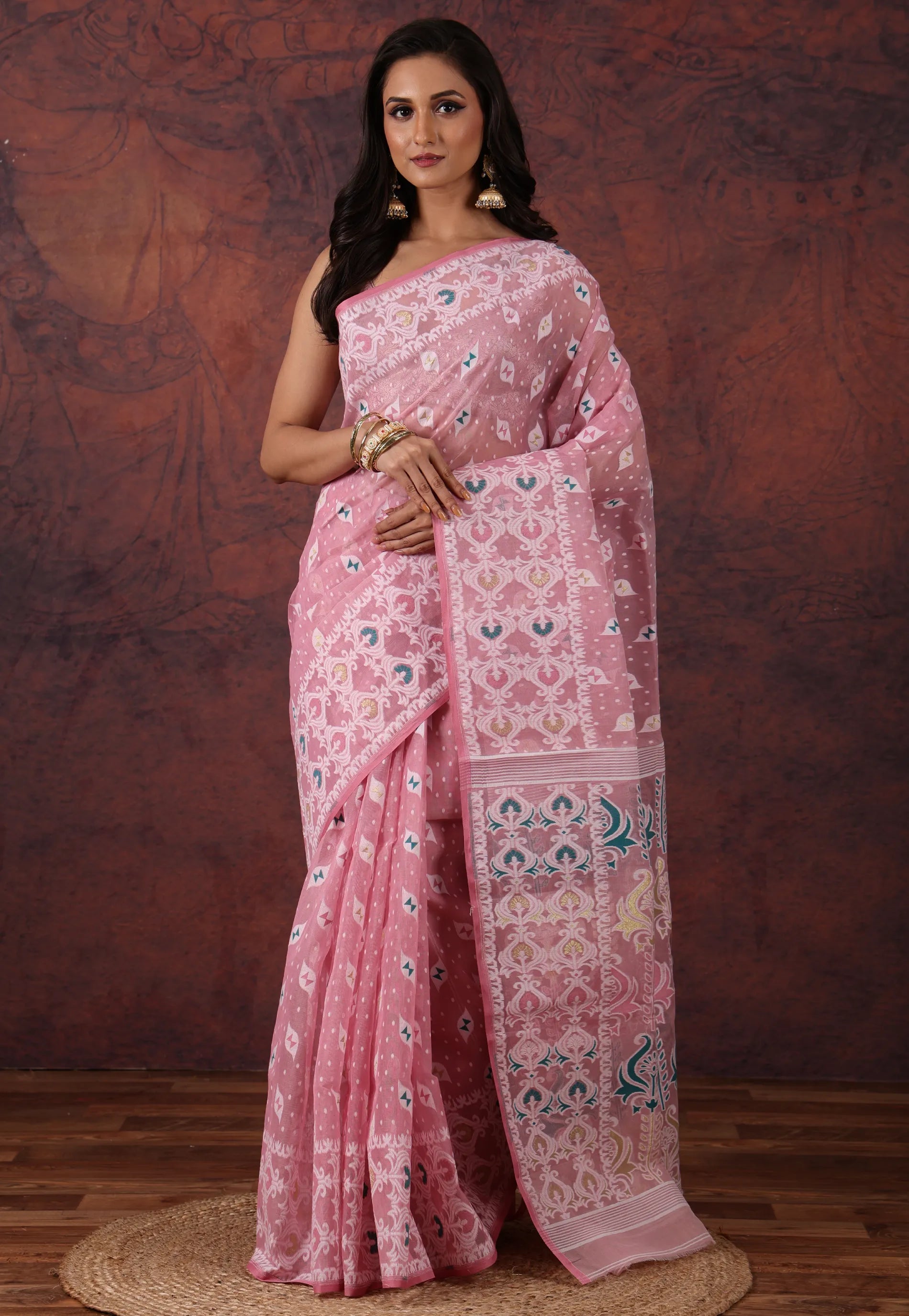 Light Pink Dhakai Jamdani Cotton Saree with Blouse Piece - Adi Akshoy & Co.