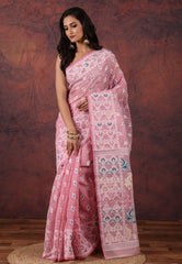 Light Pink Dhakai Jamdani Cotton Saree with Blouse Piece - Adi Akshoy & Co.