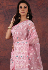 Light Pink Dhakai Jamdani Cotton Saree with Blouse Piece - Adi Akshoy & Co.