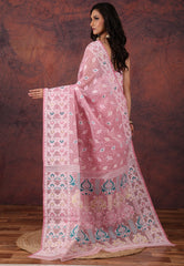 Light Pink Dhakai Jamdani Cotton Saree with Blouse Piece - Adi Akshoy & Co.
