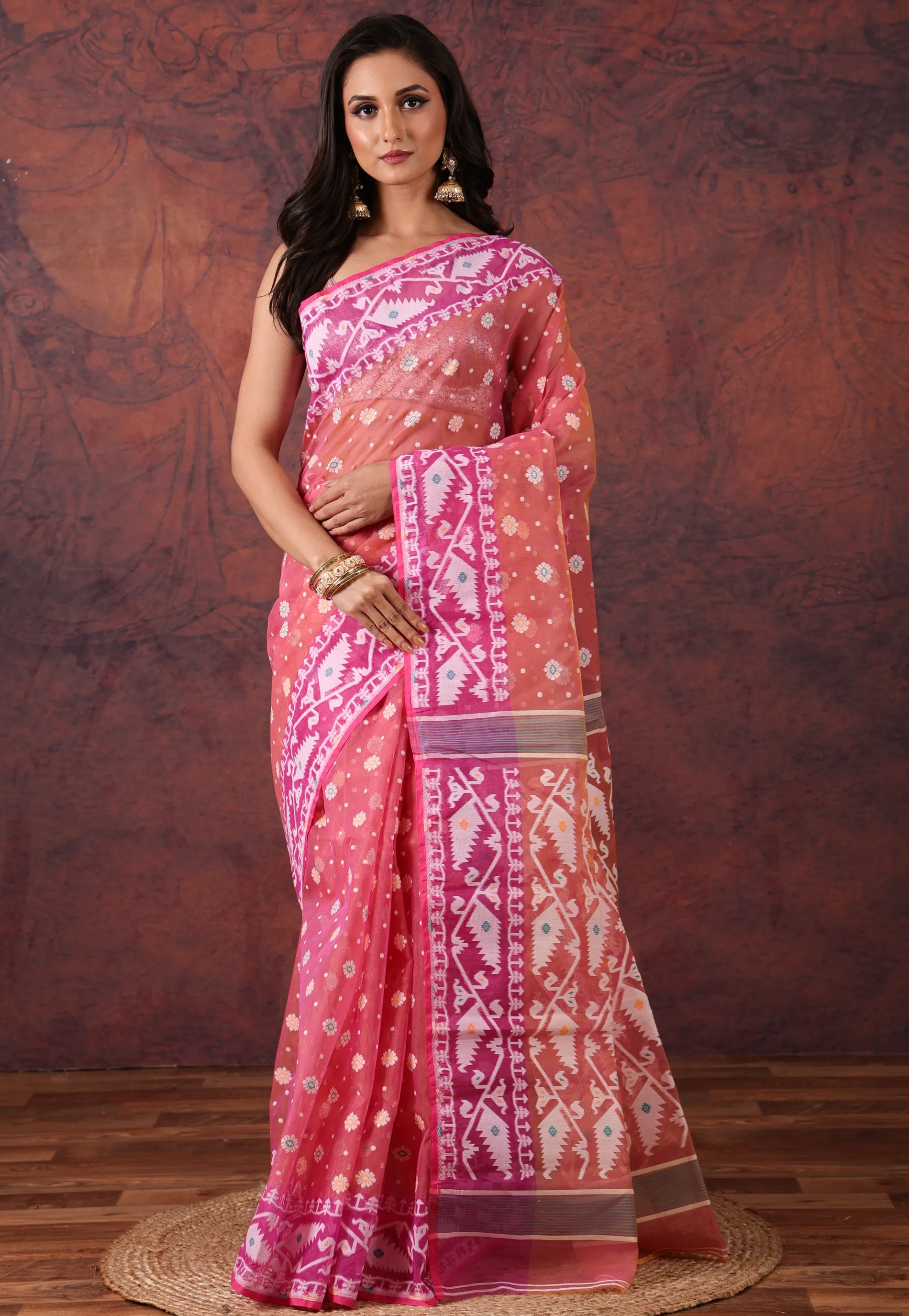 Hot Pink Dhakai Jamdani Cotton Saree without Blouse Piece  - Adi Akshoy & Co.