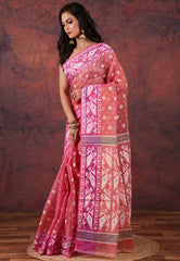 Hot Pink Dhakai Jamdani Cotton Saree without Blouse Piece  - Adi Akshoy & Co.