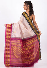 Light Pink checks with Magenta Golden Border Gadwal Pure Silk Saree With Blouse Piece - Adi Akshoy & Co.