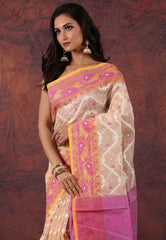 Beige Dhakai Jamdani Cotton Saree without Blouse Piece - Adi Akshoy & Co.