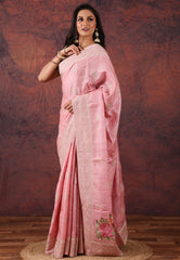 Pink Pure Tussar Kantha Silk Saree With Blouse Piece - Adi Akshoy & Co.