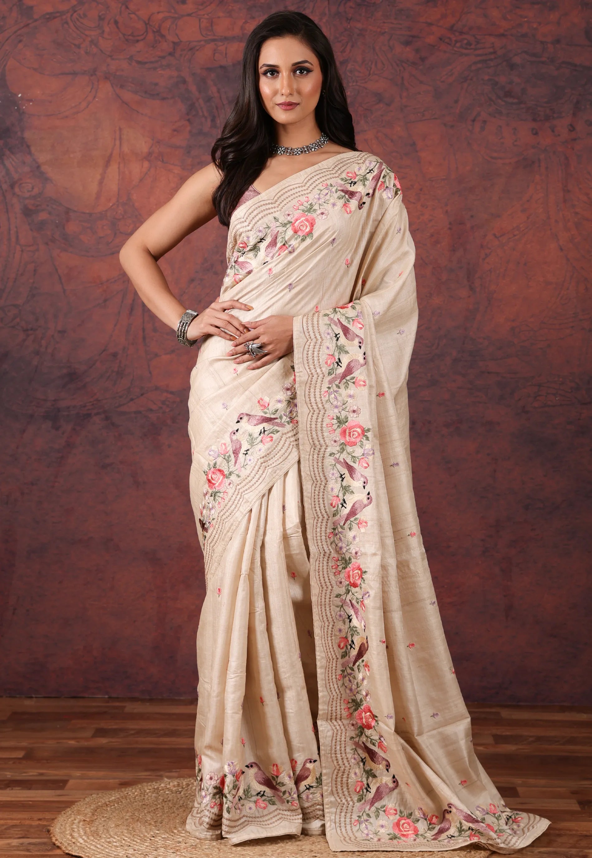 Tussar Colour Pure Tussar Kantha Silk Saree With Blouse Piece - Adi Akshoy & Co.