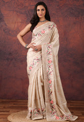 Tussar Colour Pure Tussar Kantha Silk Saree With Blouse Piece - Adi Akshoy & Co.