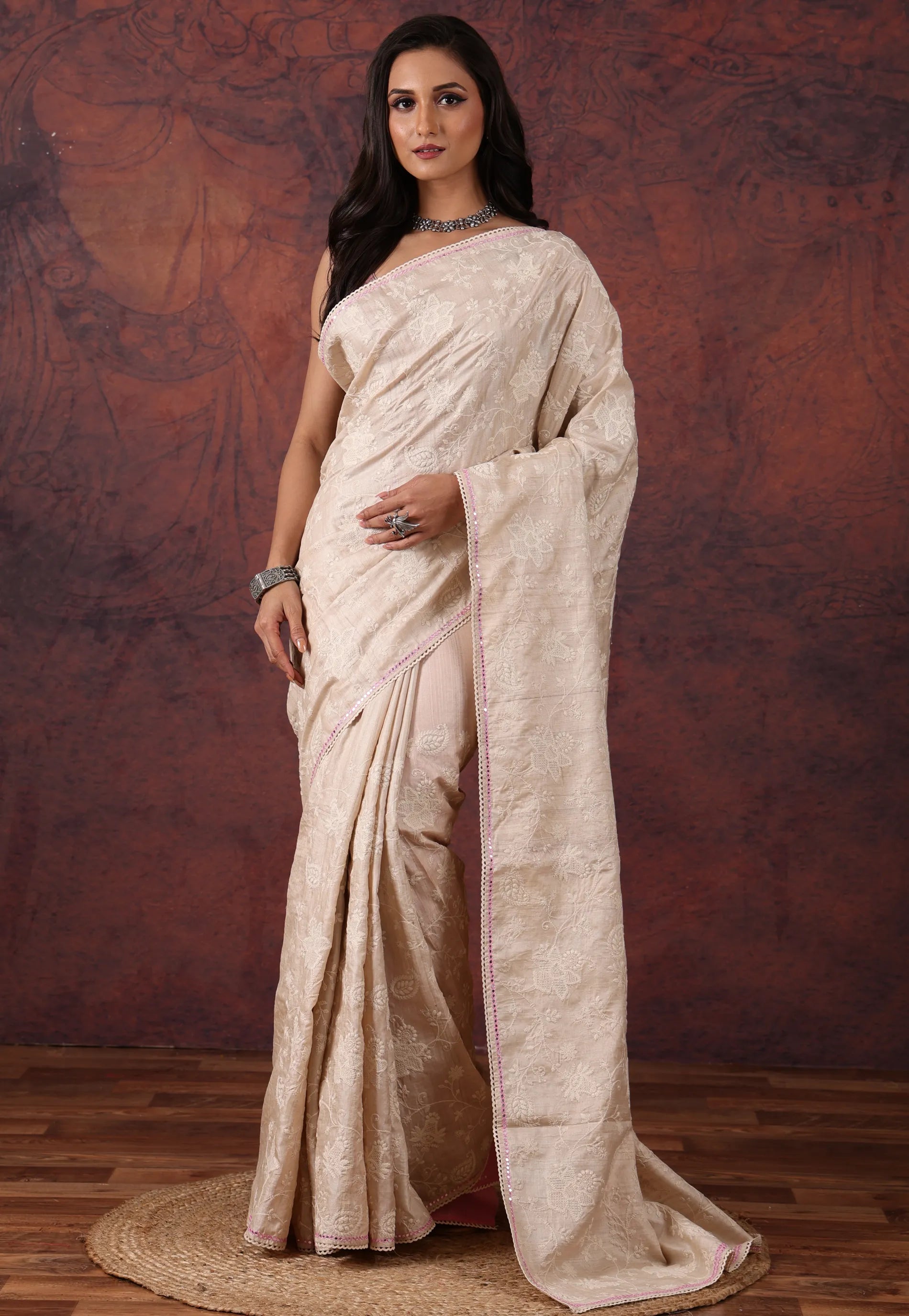 OffWhite Pure Tussar Kantha Silk Saree With Blouse Piece - Adi Akshoy & Co.