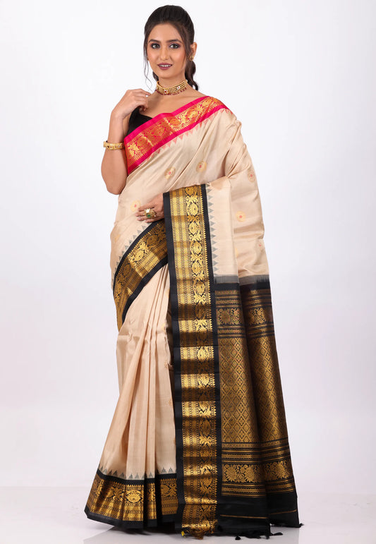 Beige with Black & Rani Golden Border Gadwal Pure Silk Saree With Blouse Piece - Adi Akshoy & Co.