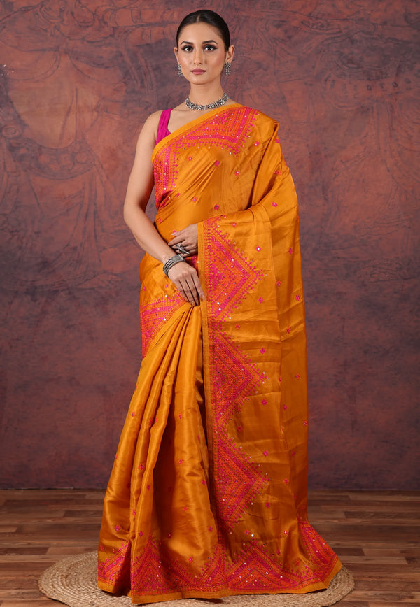 Orange Kantha Silk Saree With Blouse Piece - Adi Akshoy & Co.