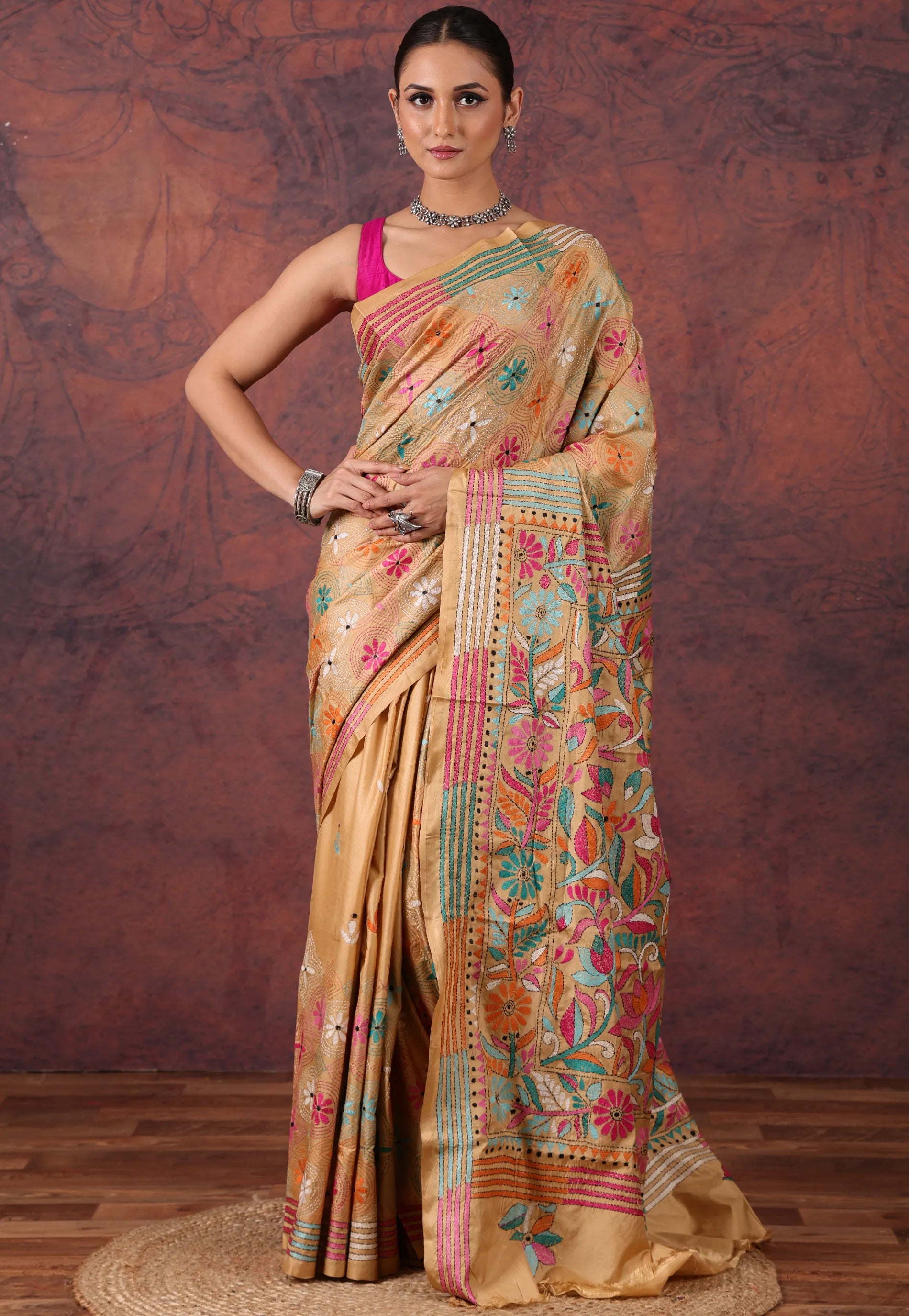 Beige Kantha Silk Saree With Blouse Piece - Adi Akshoy & Co.