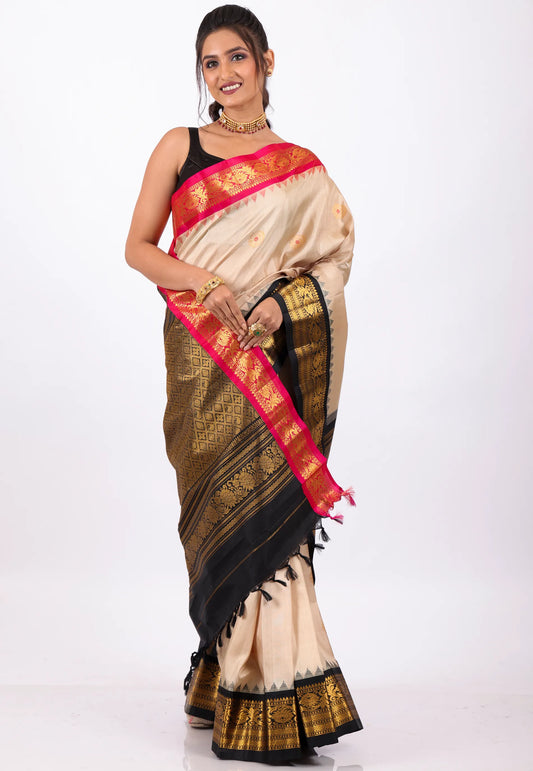 Beige with Black & Rani Golden Border Gadwal Pure Silk Saree With Blouse Piece - Adi Akshoy & Co.