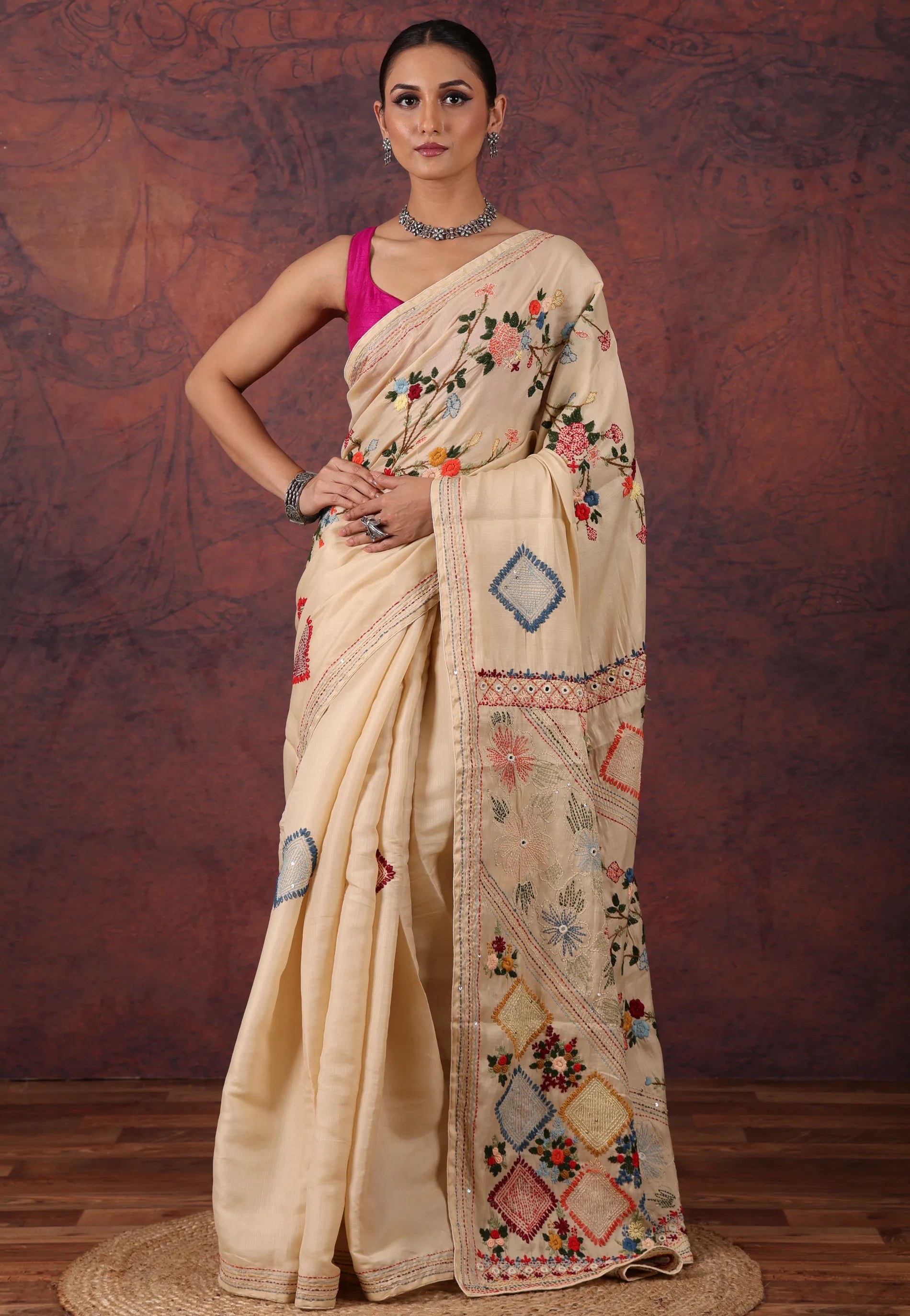 Cream Colour Kantha Silk Saree With Blouse Piece - Adi Akshoy & Co.