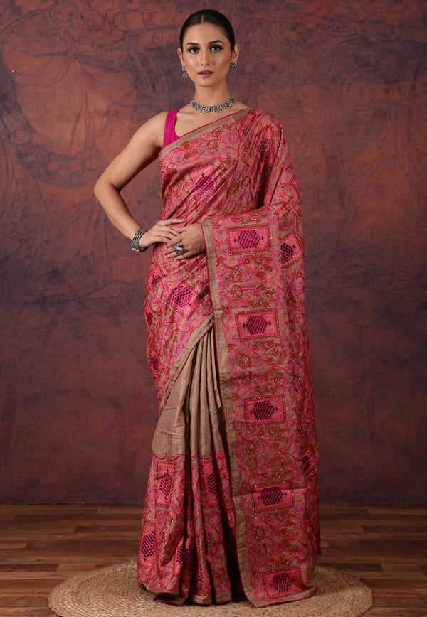 Brown with Rani Weaves Kantha Silk Saree With Blouse Piece - Adi Akshoy & Co.