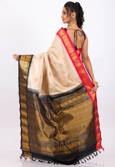 Beige with Black & Rani Golden Border Gadwal Pure Silk Saree With Blouse Piece - Adi Akshoy & Co.