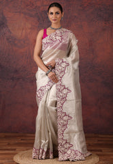 White Silver Colour Tissue Kantha Silk Saree With Blouse Piece - Adi Akshoy & Co.