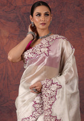 White Silver Colour Tissue Kantha Silk Saree With Blouse Piece - Adi Akshoy & Co.