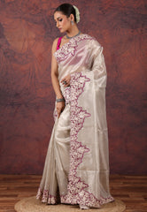 White Silver Colour Tissue Kantha Silk Saree With Blouse Piece - Adi Akshoy & Co.