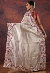 White Silver Colour Tissue Kantha Silk Saree With Blouse Piece - Adi Akshoy & Co.