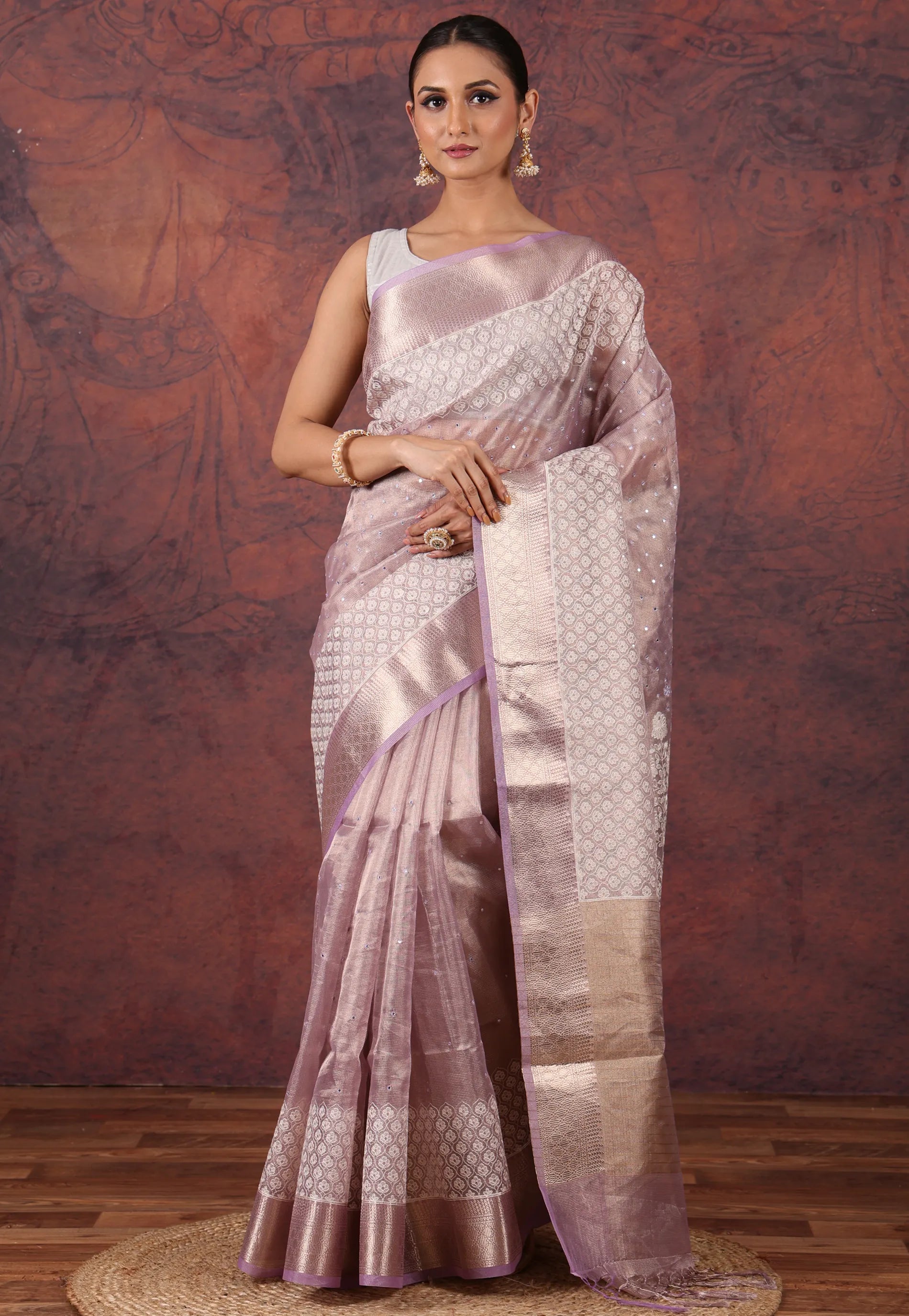 Light Purple Tissue Kantha Silk Saree With Blouse Piece - Adi Akshoy & Co.