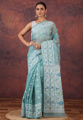 Aqua Blue Dhakai Jamdani Cotton Saree with Blouse Piece - Adi Akshoy & Co.
