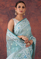 Aqua Blue Dhakai Jamdani Cotton Saree with Blouse Piece - Adi Akshoy & Co.