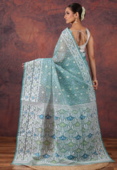Aqua Blue Dhakai Jamdani Cotton Saree with Blouse Piece - Adi Akshoy & Co.