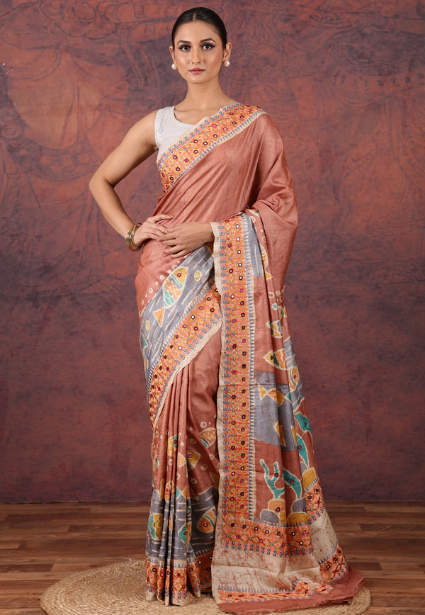 Brown Pure Tussar Kantha Silk Saree With Blouse Piece - Adi Akshoy & Co.