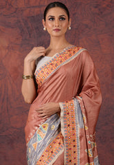 Brown Pure Tussar Kantha Silk Saree With Blouse Piece - Adi Akshoy & Co.