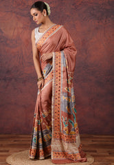 Brown Pure Tussar Kantha Silk Saree With Blouse Piece - Adi Akshoy & Co.