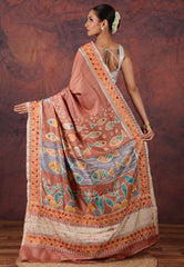 Brown Pure Tussar Kantha Silk Saree With Blouse Piece - Adi Akshoy & Co.