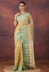 Pista Green Dhakai Jamdani Cotton Saree without Blouse Piece - Adi Akshoy & Co.