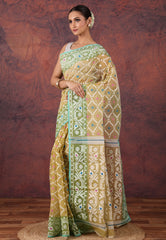 Pista Green Dhakai Jamdani Cotton Saree without Blouse Piece - Adi Akshoy & Co.
