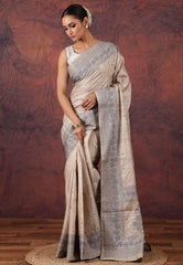 Ivory Pure Tussar Kantha Silk Saree With Blouse Piece - Adi Akshoy & Co.
