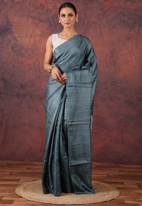 Steel Blue Pure Tussar Kantha Silk Saree With Blouse Piece - Adi Akshoy & Co.