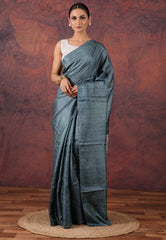 Steel Blue Pure Tussar Kantha Silk Saree With Blouse Piece - Adi Akshoy & Co.
